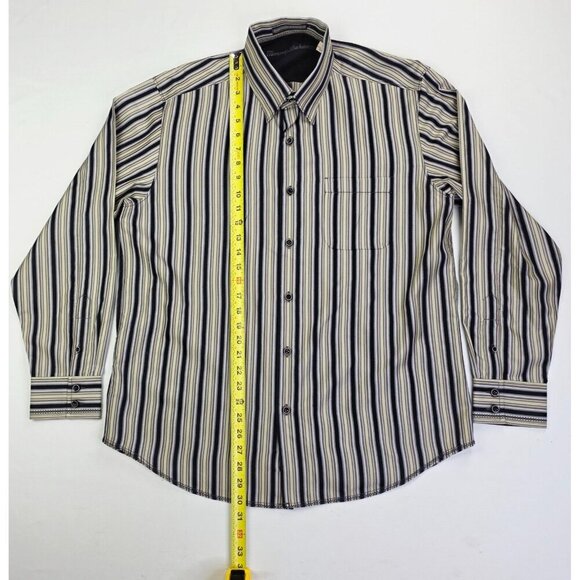 Tommy Bahama Size Medium Mens Silk Black Sage Gray Stripe Button Down Logo Shirt - Picture 8 of 11